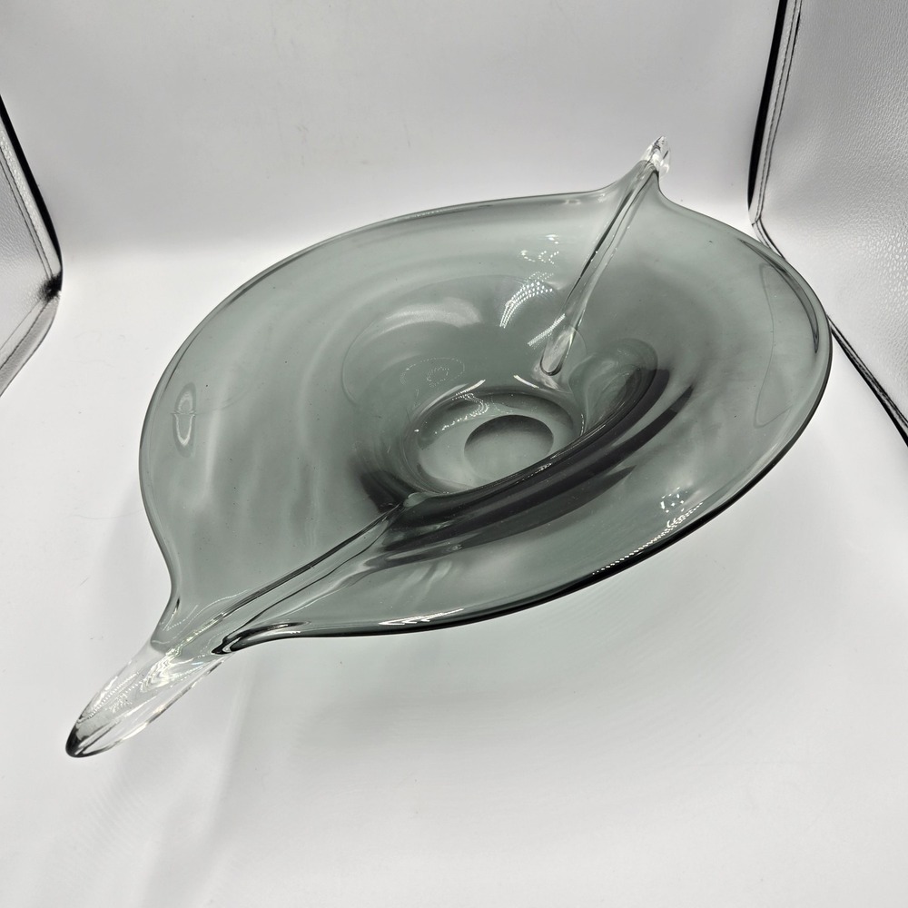 VTG '60s Smoked Grey Blue Centerpiece Blown Art Glass Stretched Large 22" Bowl
